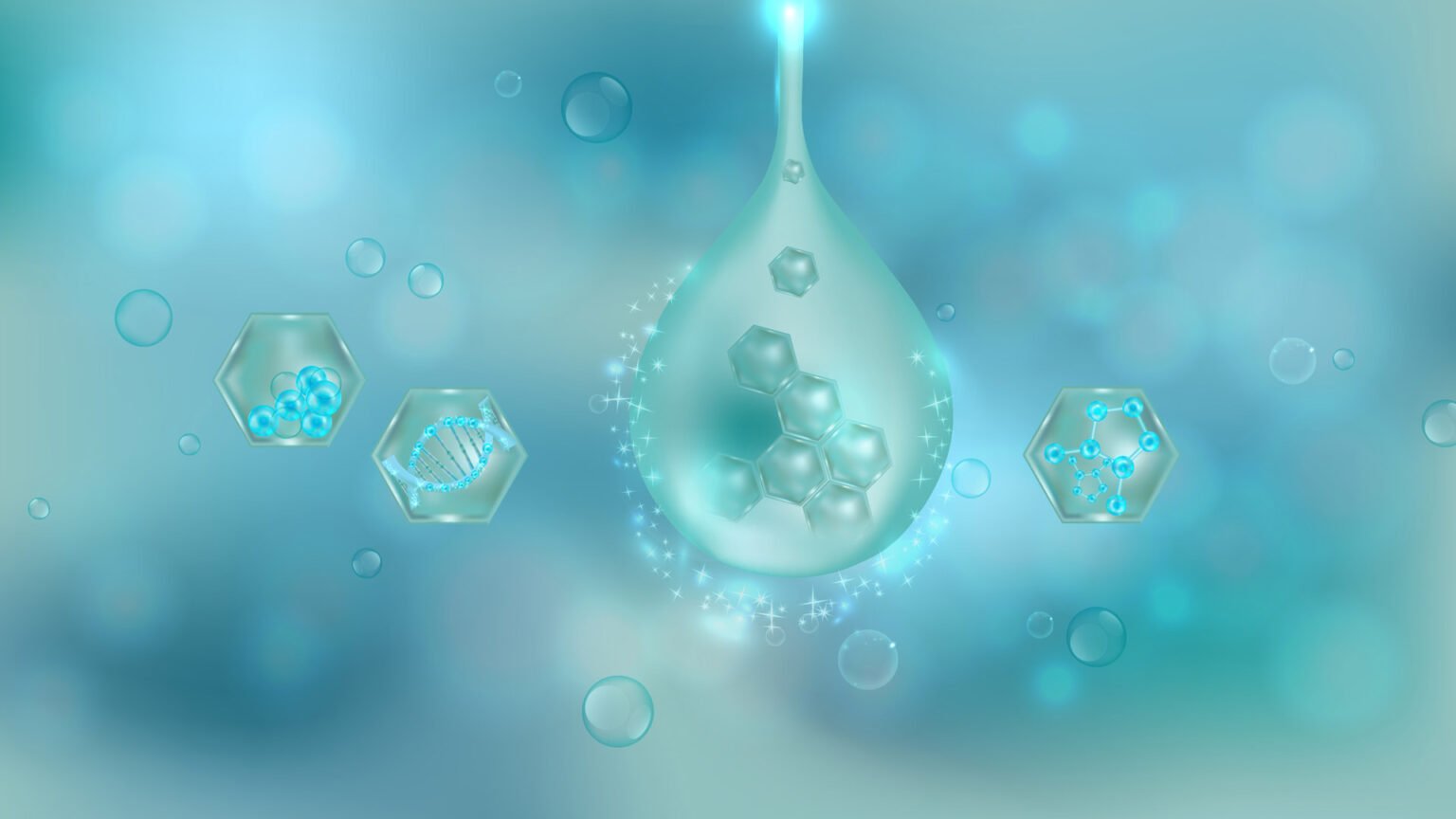 Elementos moleculares de color turquesa brillantes flotando en un paisaje onírico purificado.