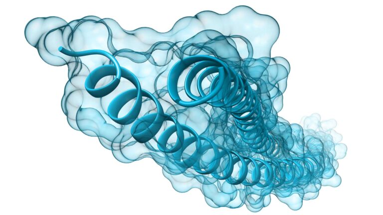 Coiled blue ribbons splaying forward to represent sirtuins and NAD science.