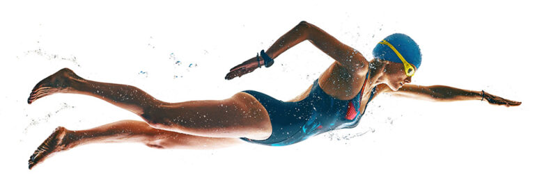 A female swimmer in a blue swimsuit, demonstrates how NMN enhance athletic performance