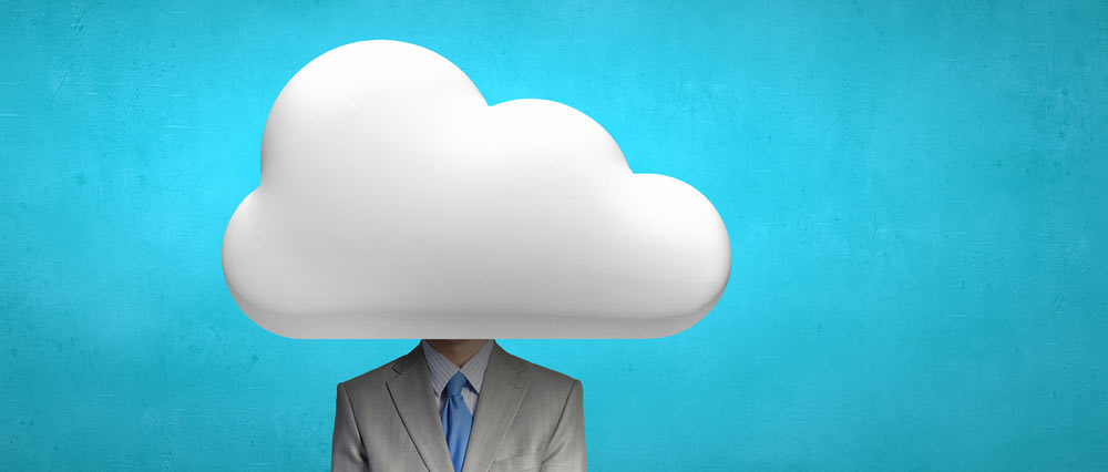 A businessman with a puffy cloud on his head indicating brain fog.