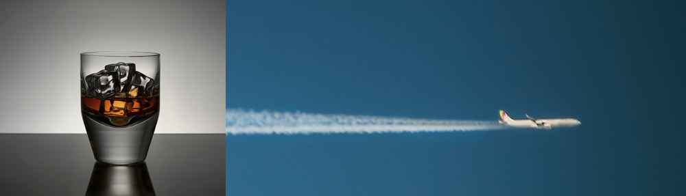 Cocktail and jet with contrail shows NMN for hangovers, jetlag, and more than just muscle recovery