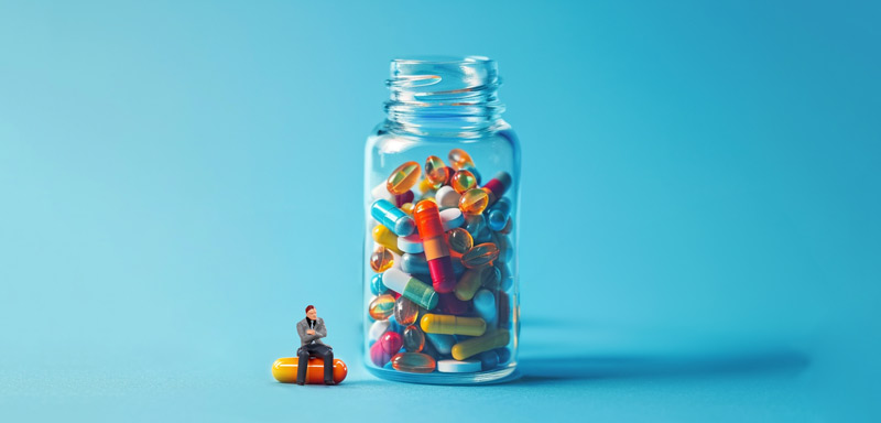 Longevity supplements in a glass bottle