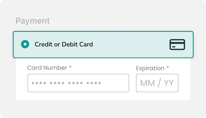 The image shows a payment selection interface with options for "Credit or Debit Card" (highlighted).