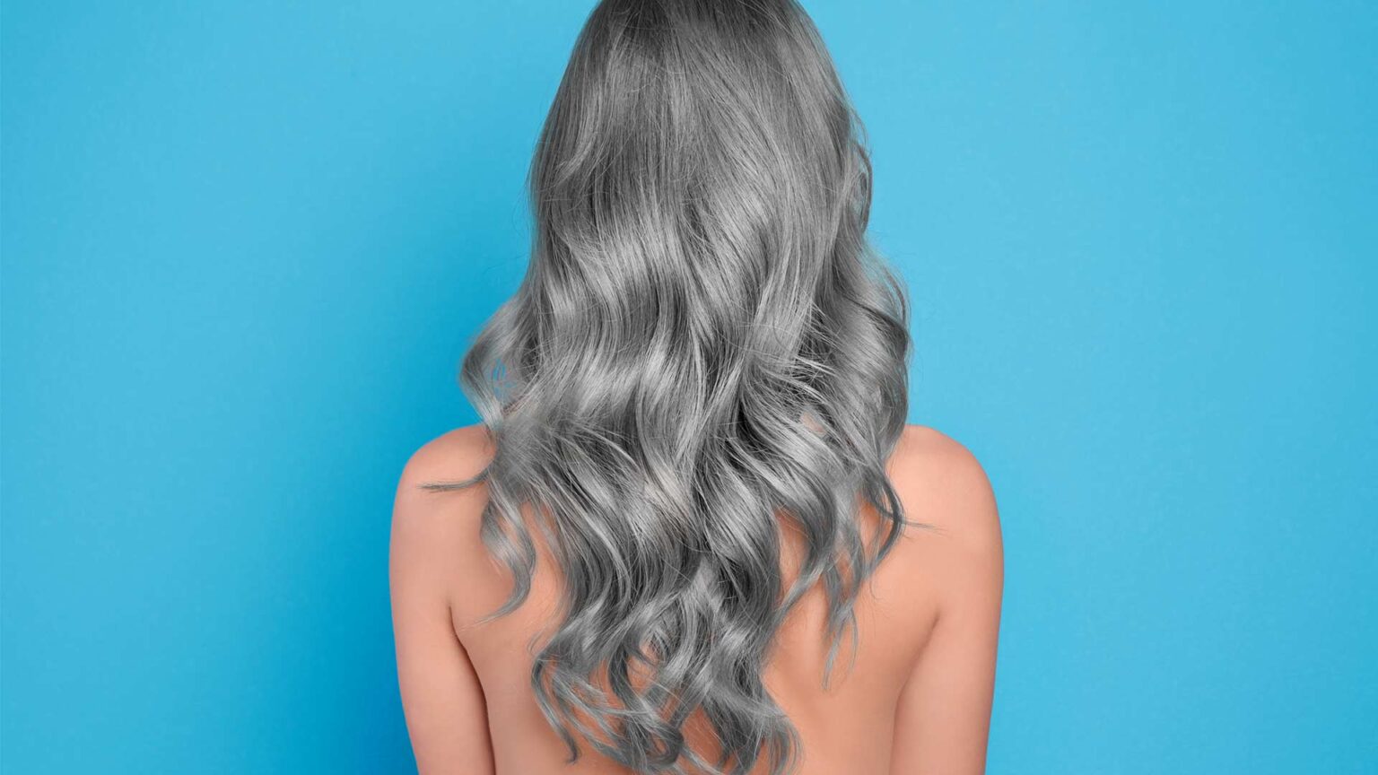 A woman with long silver-gray hair is shown from the back against a bright blue background.