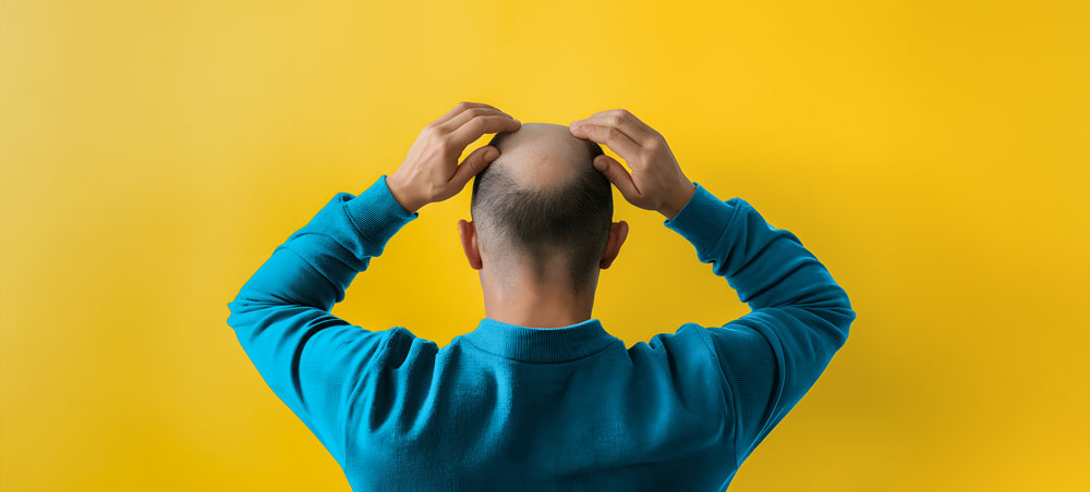 A bald man in a blue sweater touching his head against a yellow background