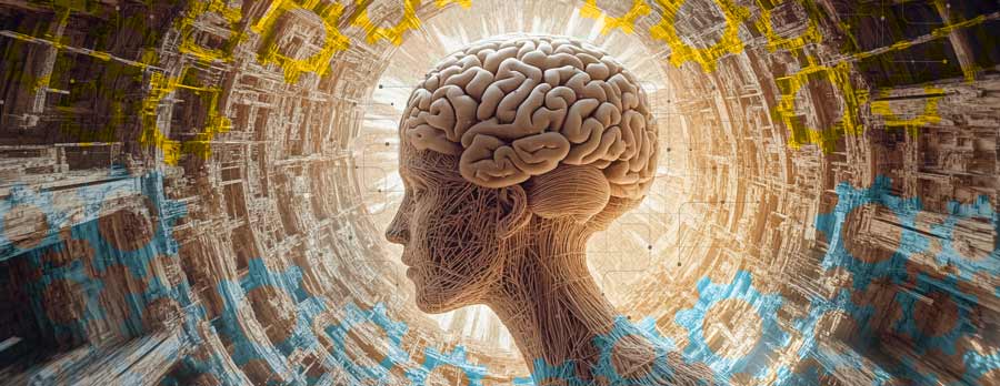  Illustration of a human brain with mechanical gears and circuit lines.