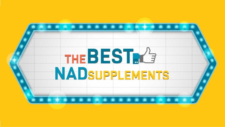 Letrero de estilo retro con luces que dice 'Los mejores suplementos de NAD' sobre un fondo amarillo brillante.