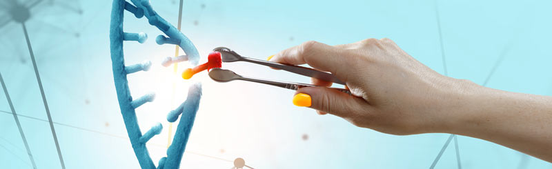 Hand using tweezers to repair a DNA strand, representing DNA repair.