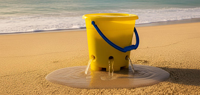 Yellow bucket leaking water, illustrating how CD38 depletes NAD levels like a leaky bucket unless inhibited