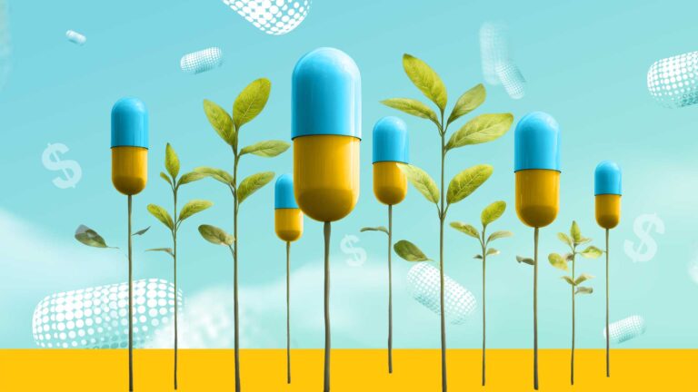 Capsules growing like plants with green leaves and subtle dollar symbols