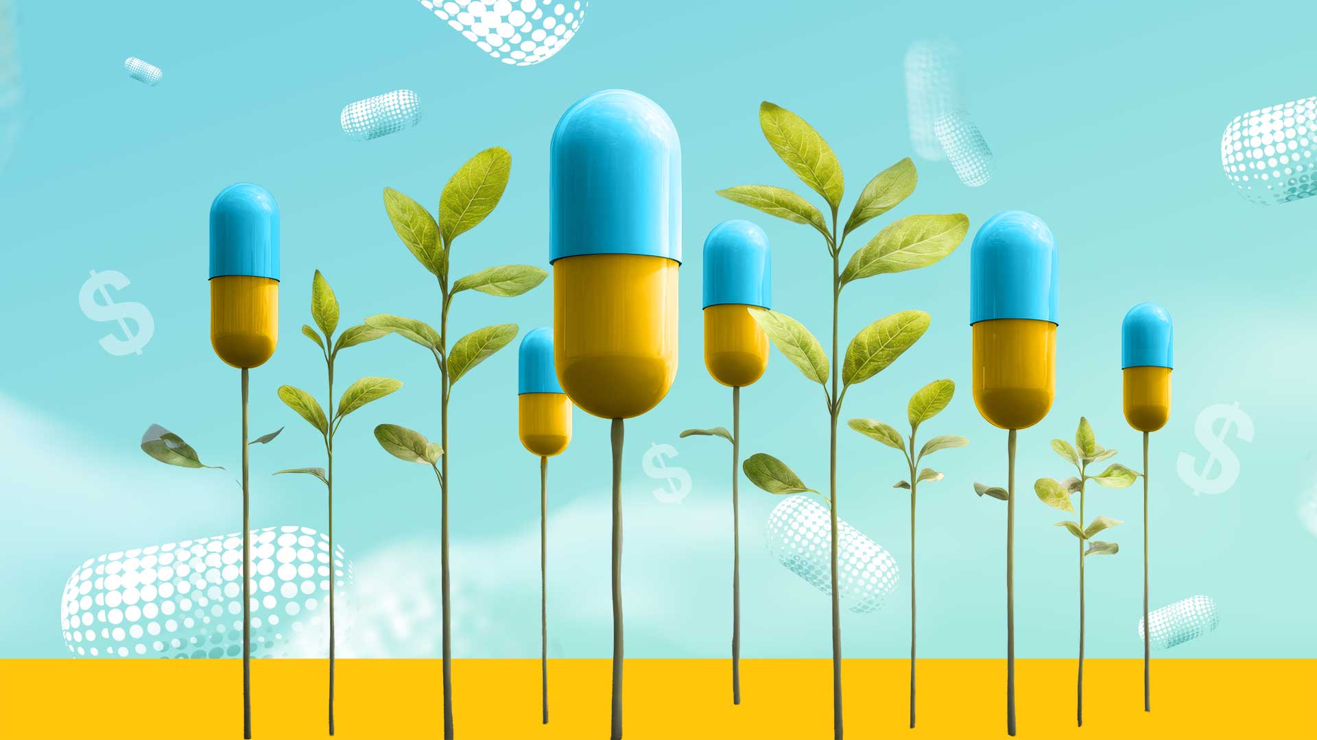 Capsules growing like plants with green leaves and subtle dollar symbols