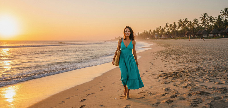 Woman walking on the beach at sunset symbolizing healthy aging