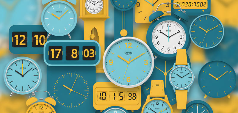 Un collage artístico de varios relojes analógicos y digitales, relojes de pulsera y un reloj de pie en tonos verde azulado, azul y amarillo que representan relojes biológicos