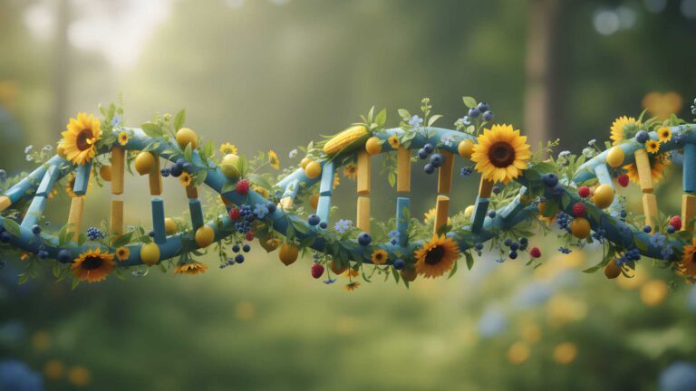 Ilustración de una doble hélice de ADN entrelazada con girasoles vibrantes, frutas cítricas y bayas