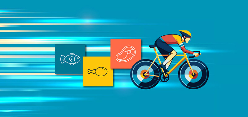 An illustration of a cyclist riding a yellow bike against a blue background with motion streaks. Behind the cyclist are three colorful squares containing icons of a fish, a chicken leg, and a steak
