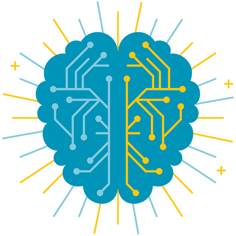 A stylized blue brain icon featuring circuit board patterns and neural network lines, surrounded by yellow and light blue light rays and small plus signs
