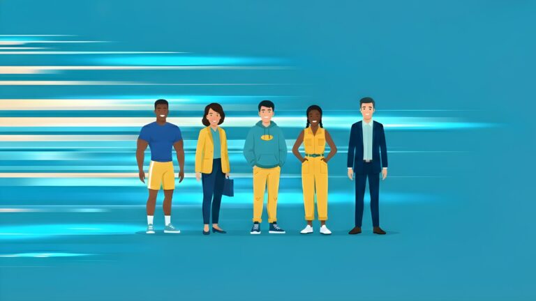 An illustration of five diverse people standing side-by-side against a blue background with light blue horizontal motion streaks