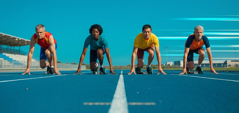 Four athletes in their starting blocks on a blue running track, focused and ready to race under a clear blue sky, with motion blur streaks on the right side