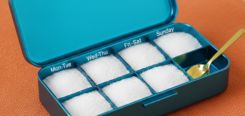 A blue metal pill organizer with compartments labeled by day, filled with white granulated creatine instead of medication, featuring a small gold spoon in the final empty slot
