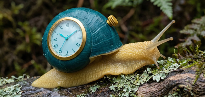 A surreal image of a yellow snail crawling across a mossy log. The snail's shell is a deep teal color and features an integrated vintage-style clock face with Roman numerals and gold trim, symbolizing the biological clock and the slow passage of time.