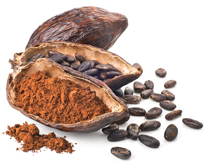 Open cacao pod filled with cocoa beans and cocoa powder, with additional beans scattered on a white background.