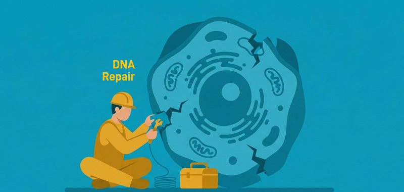 A conceptual illustration of a construction worker in a yellow uniform and hard hat sitting next to a large, cracked biological cell. The worker is using a tool to repair a crack in the cell wall, with the text "DNA Repair" appearing in yellow nearby, symbolizing cellular maintenance and recovery.