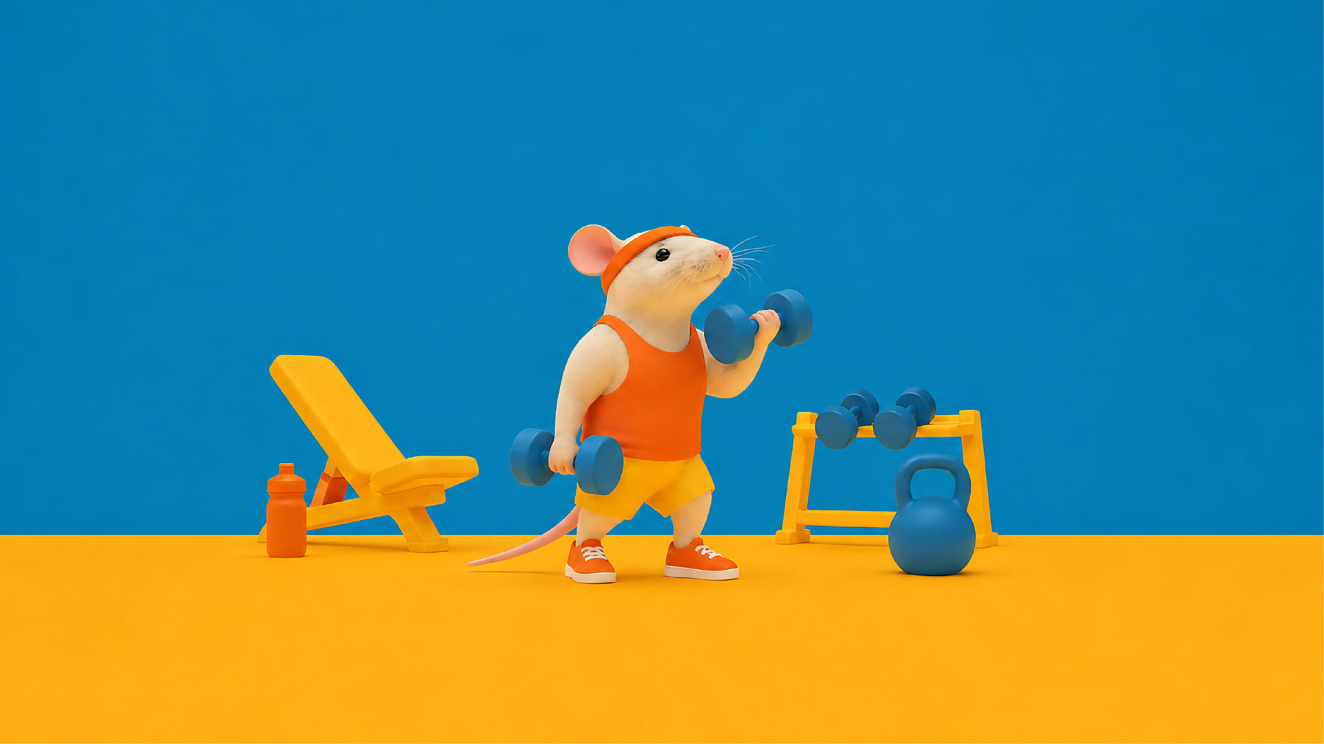 Illustrated mouse in workout clothes lifting a barbell in a colorful gym setting with weights and fitness equipment.