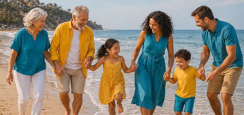 Multi-generational family smiling and walking together along the beach while holding hands.