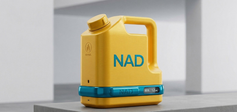 A high-tech, yellow fuel canister with the letters "NAD" printed in teal on the side. The canister features a digital display at the bottom showing "85% | 1.2 GAL" and a small flame icon labeled "H2 FUEL," serving as a visual metaphor for NAD+ as the primary fuel source for cellular energy.