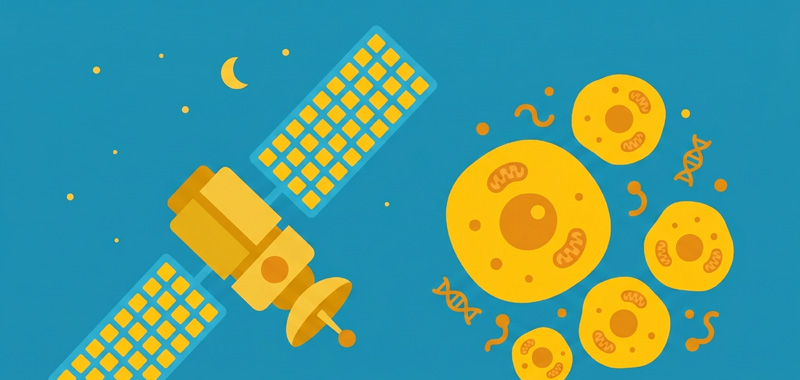 Illustration of satellite cells and cellular structures floating beside a satellite device on a blue background.