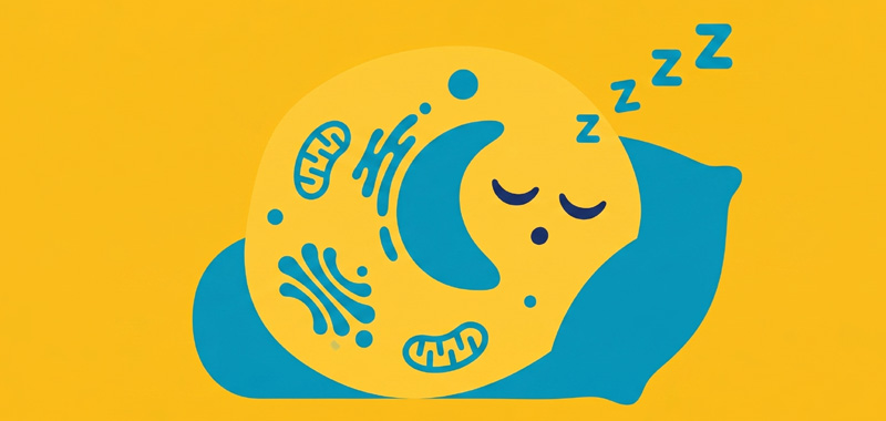 A stylized, flat-design illustration of a biological cell resting its head on a blue pillow and sleeping. The cell has a peaceful face with closed eyes, and blue "Z" symbols float above it against a yellow background, representing cellular dormancy or senescence.
