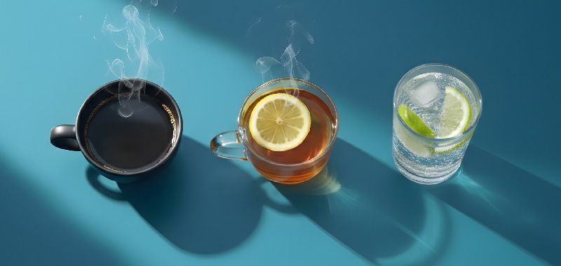 Three drinks on a teal surface—a black coffee, a herbal tea with lemon, and a sparkling water with lime—representing approved beverages during an intermittent fast.