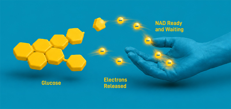 3D illustration showing yellow glucose molecules releasing electrons that are caught by a blue hand representing NAD ready and waiting, visualizing the first step of cellular energy production against a teal background.