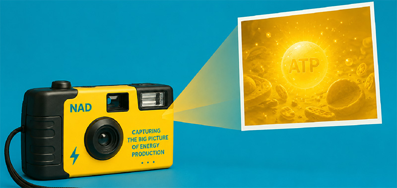 Illustration of a yellow NAD-branded camera labeled "Capturing the Big Picture of Energy Production" projecting a photo of a glowing ATP molecule surrounded by cellular structures, against a teal background.