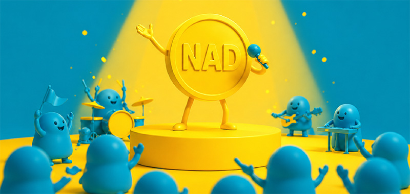 Playful 3D illustration of a yellow NAD coin character holding a microphone on a spotlight stage, surrounded by cheerful blue cartoon figures playing instruments and cheering in the crowd.