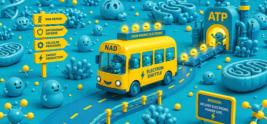 Playful 3D illustration of a yellow NAD bus labeled "Electron Shuttle" carrying high-energy electrons toward an ATP factory, with signposts pointing to DNA repair, antioxidant defense, cellular processes, and energy production, set in a vibrant blue cellular landscape.