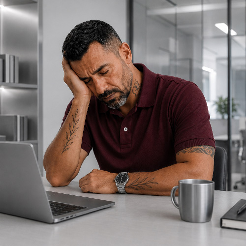 Tattooed middle-aged man in a burgundy polo shirt resting his head in his hand with eyes closed, looking fatigued at a desk with a laptop and metal mug in an office setting.