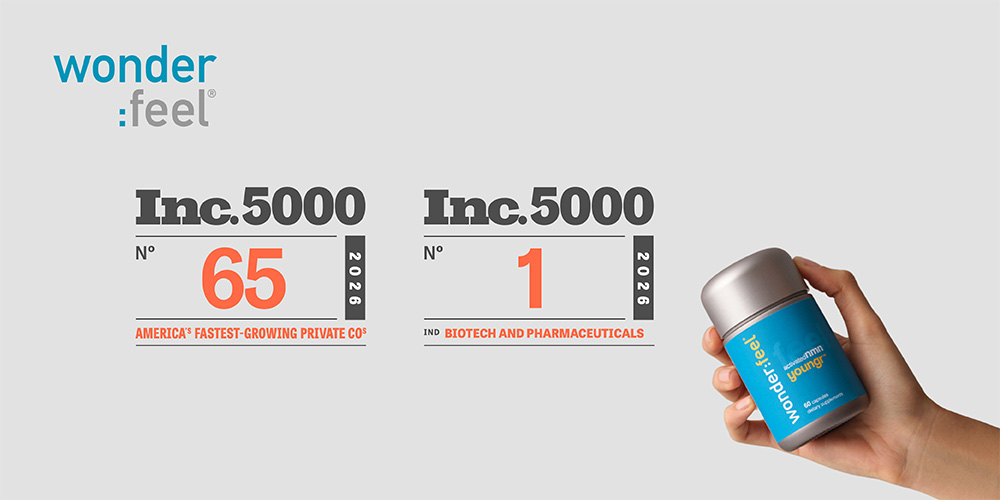 Wonderfeel ranked No. 65 overall and No. 1 in Biotech and Pharmaceuticals on the 2026 Inc. 5000 list of America's fastest-growing private companies, shown alongside a hand holding the Wonderfeel Youngr™ NMN supplement bottle.